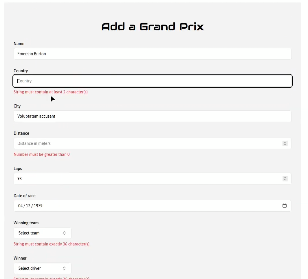 Frontend Formula 1: GP form