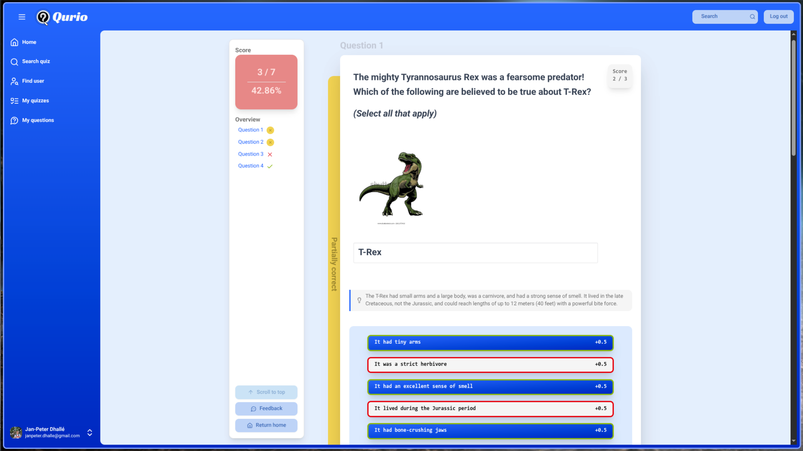 Het resultaat van een gespeelde quiz in Qurio